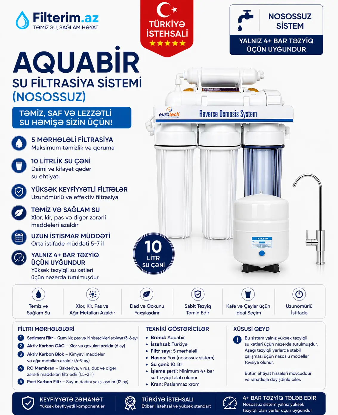 Aquabir 5 Mərhələli Nosossuz Su Filtri – 10L Çən, Türkiyə İstehsalı