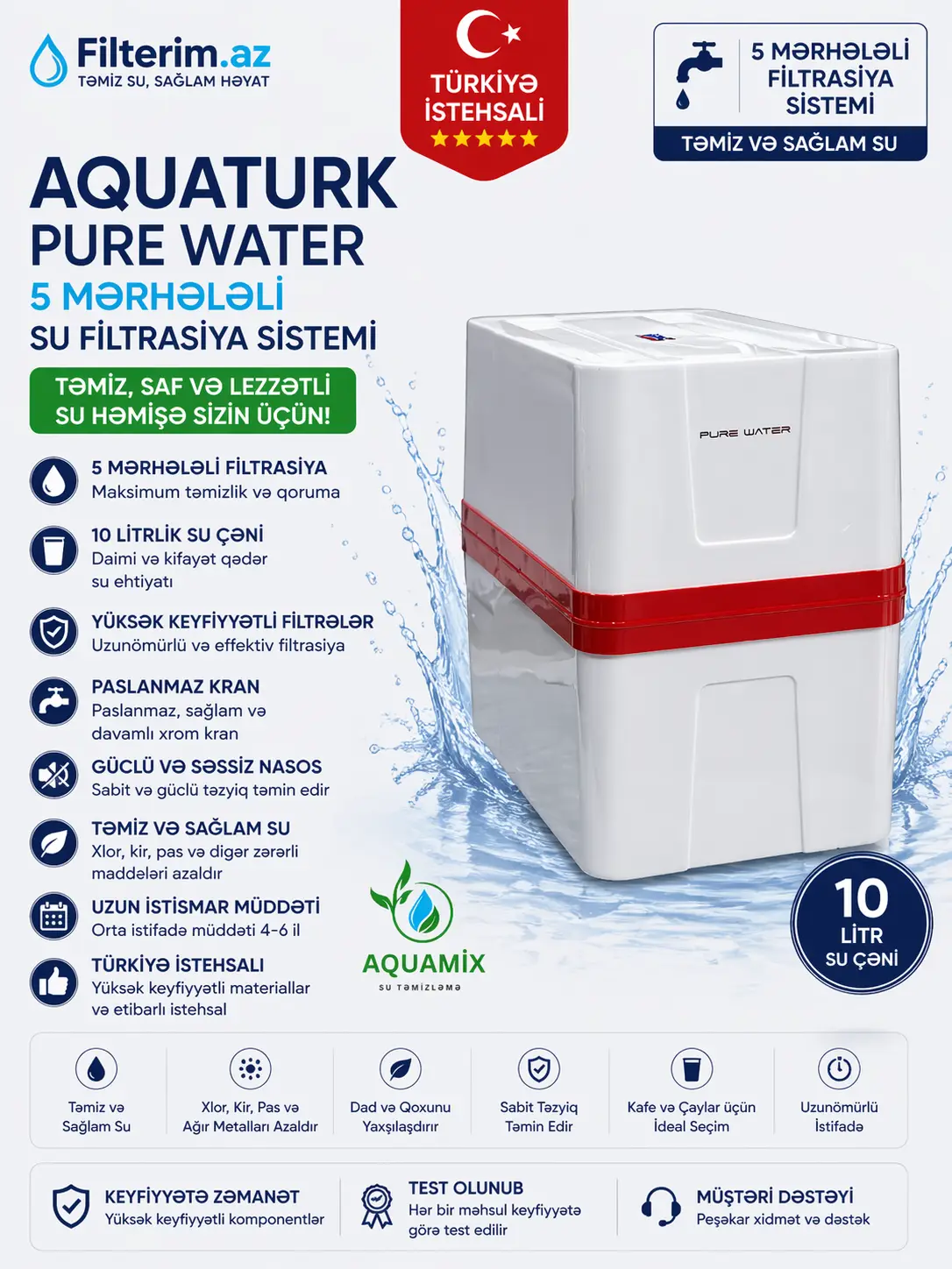 Aquaturk Pure Water 5 Mərhələli Su Filtri – 10L Çən, Nasoslu, Türkiyə İstehsalı
