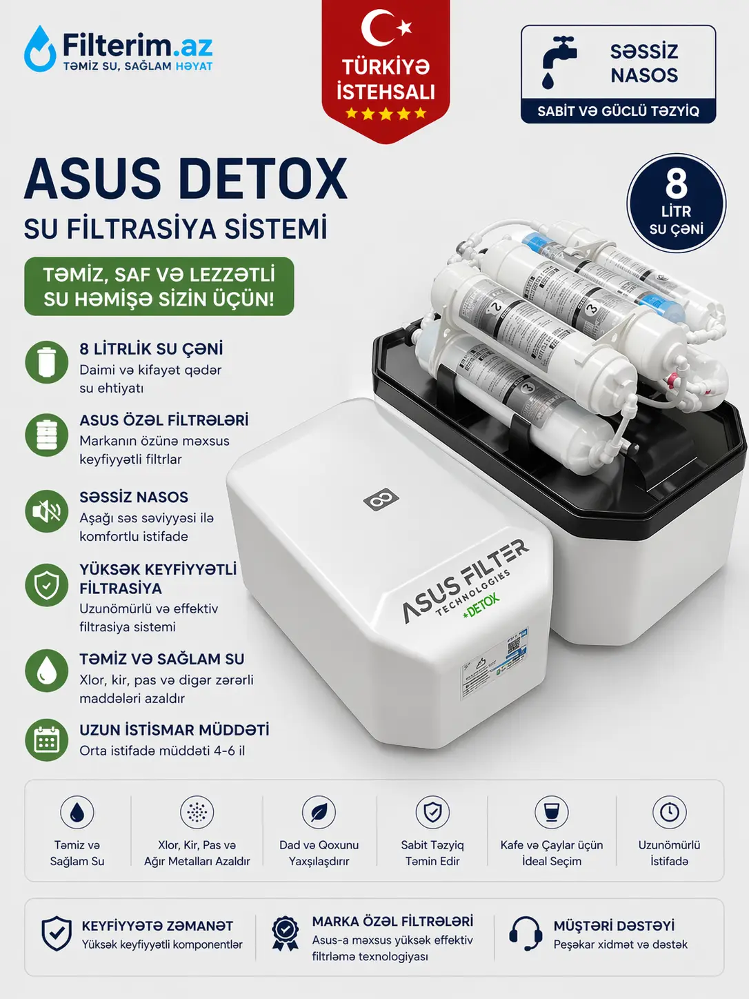 ASUS Detox Su Filtri – 6 Mərhələli, Nasoslu, 8L Çən, Türkiyə İstehsalı