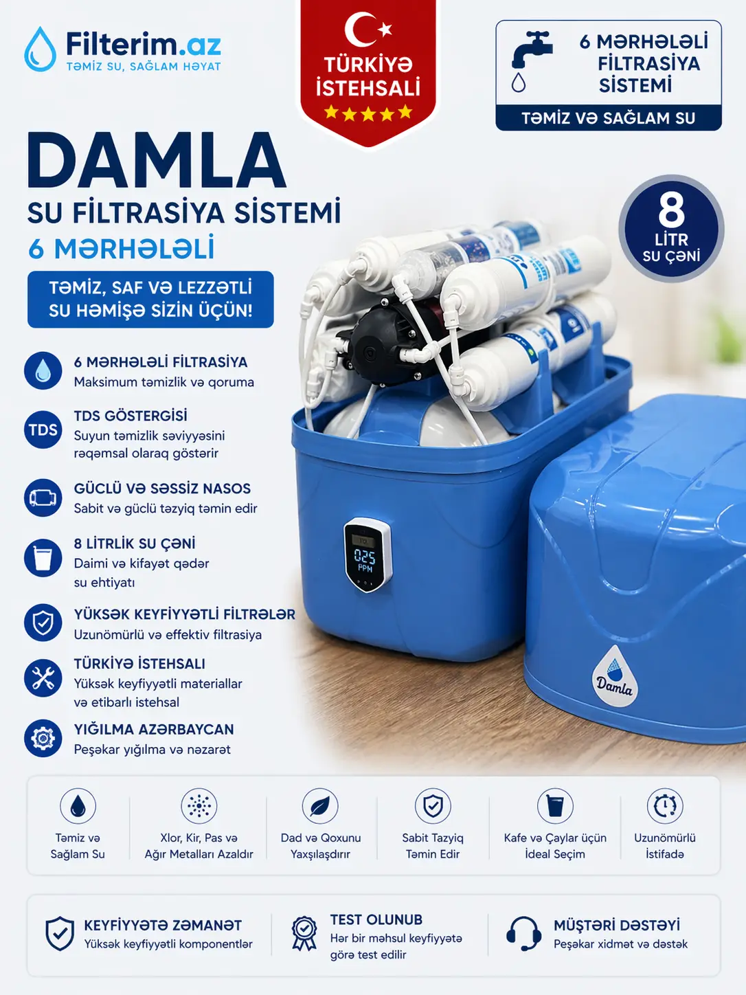 Damla 6 Mərhələli Nasoslu Su Filtri – TDS Göstəricili, 8L Çən