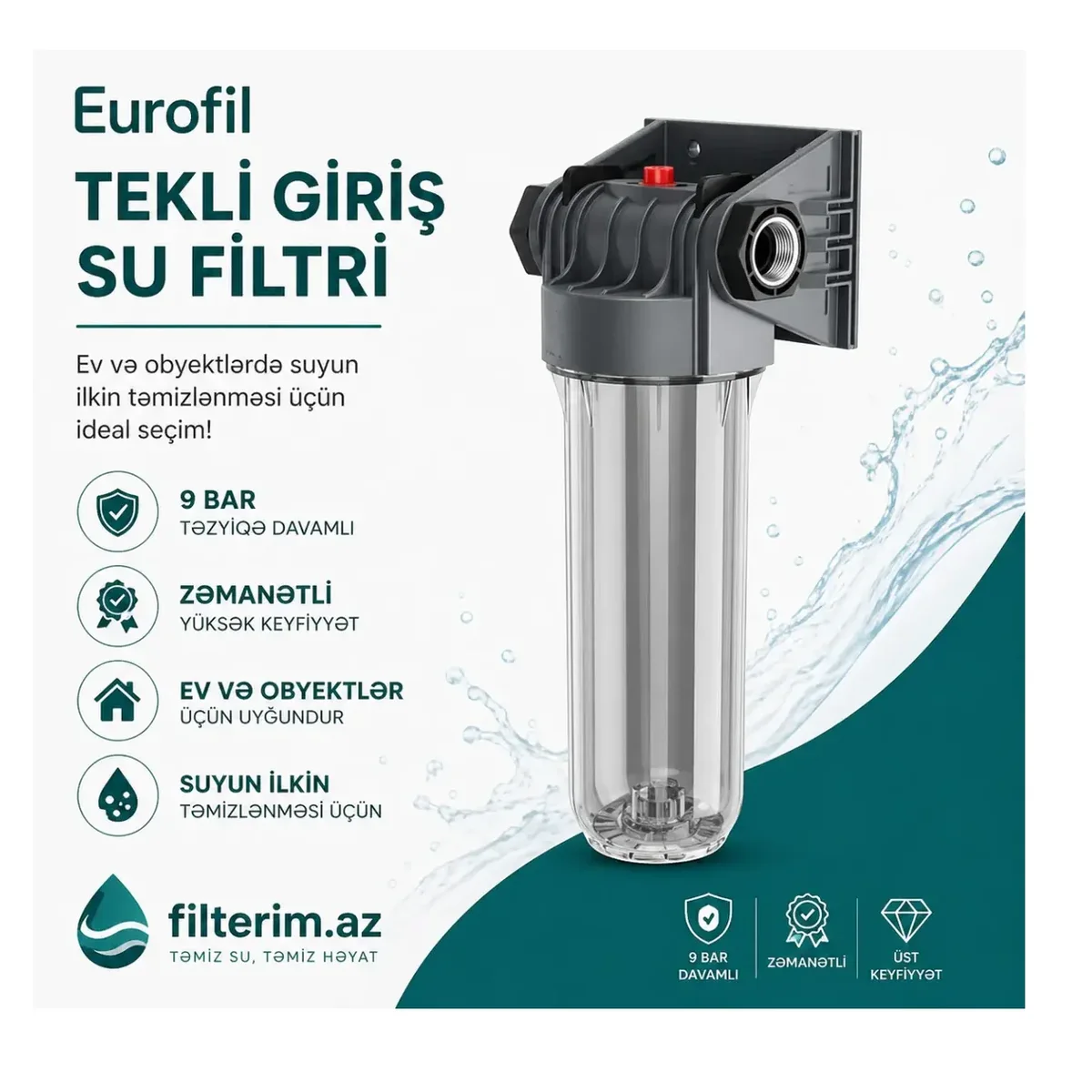 Eurofil tekli su filtri – 9 bar davamlı, zəmanətli