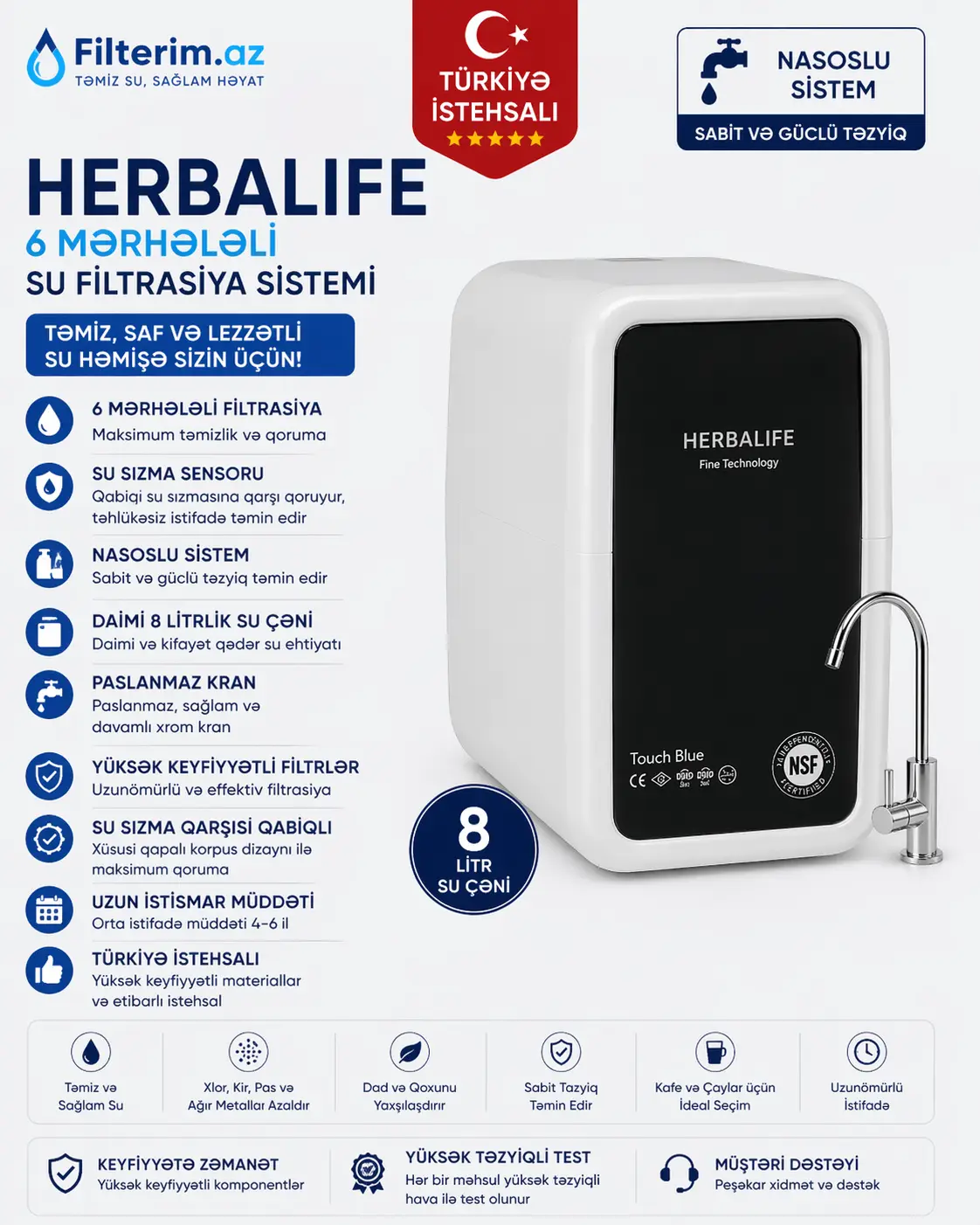 Herbalife 6 mərhələli nasoslu su filtri – 8L daxili çən, su sızma sensoru, Türkiyə istehsalı