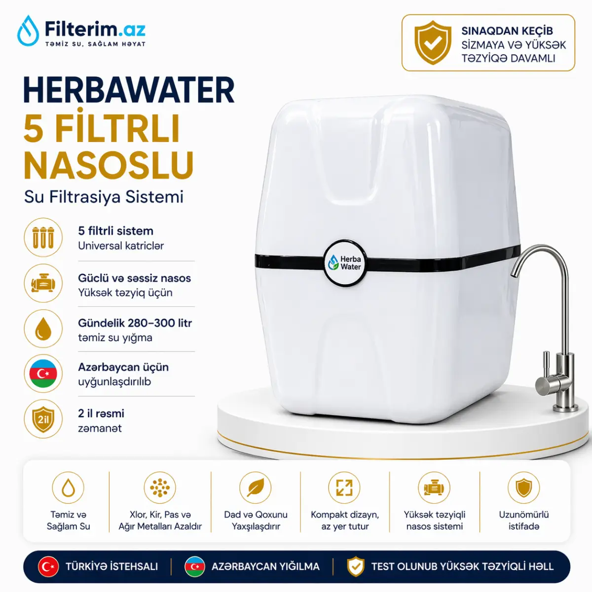 HerbaWater su filtri – nasoslu 5 filtrli, 2.2 galon metal su çənli sistem