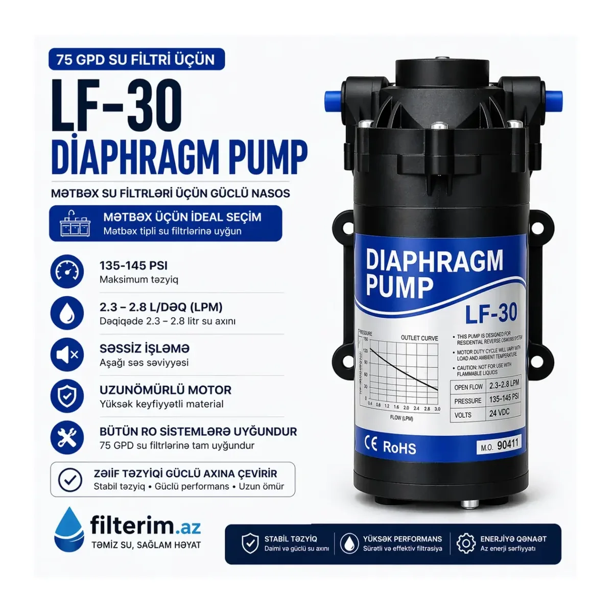 LF-30 Diaphragm Nasos – 75 GPD Mətbəx Su Filtrləri üçün Gücləndirici Nasos