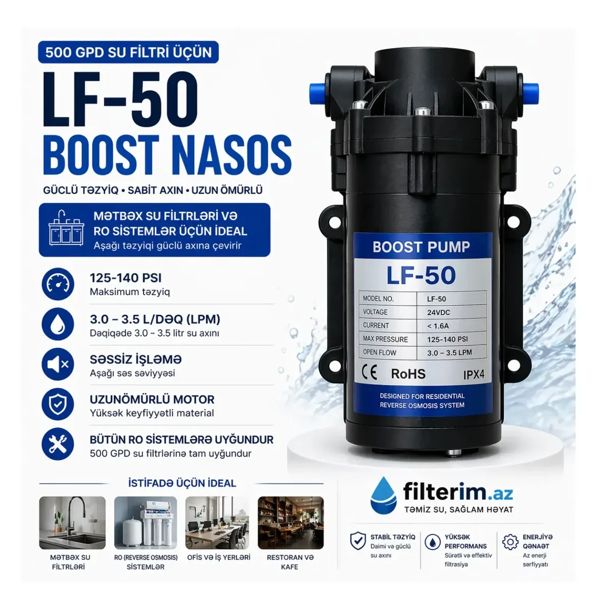 LF-50 Boost Nasos – 50 GPD Su Filtrləri üçün Güclü Nasos