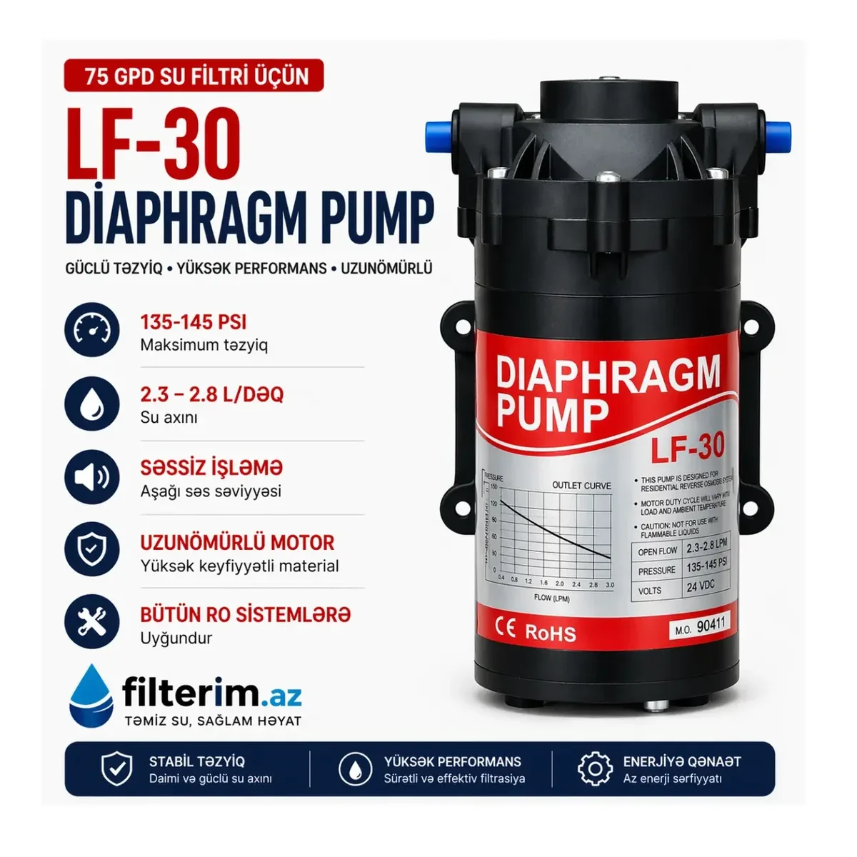 Mətbəx Su Filtrləri üçün Güclü Nasos (75 GPD) – LF-30 Diaphragm Pump