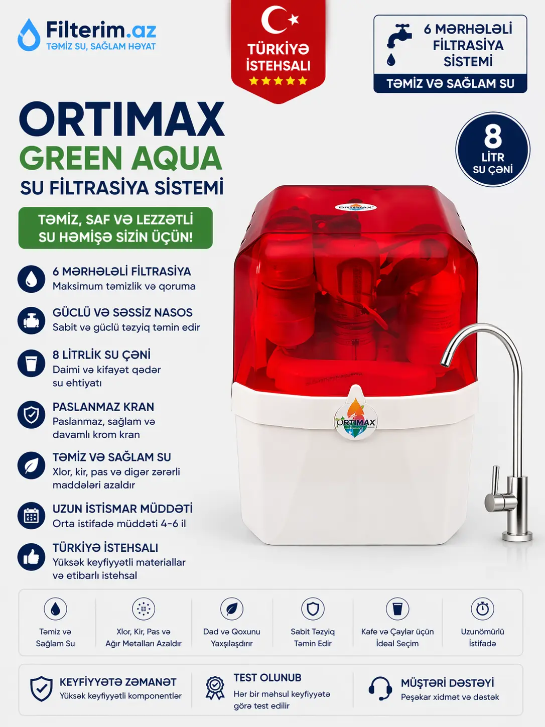 Ortimax Green Aqua 6 Filtrli Nasoslu Su Filtri – 8L Su Çəni, Türkiyə İstehsalı