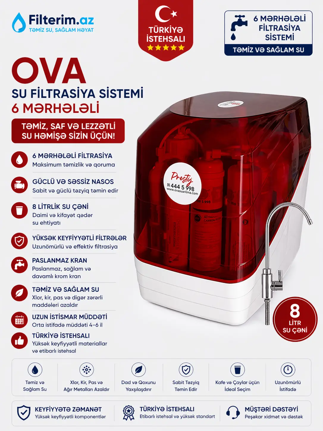 OVA Prestij 6 Filtrli Nasoslu Su Filtri – Türkiyə İstehsalı, 2.2G Metal Çənli