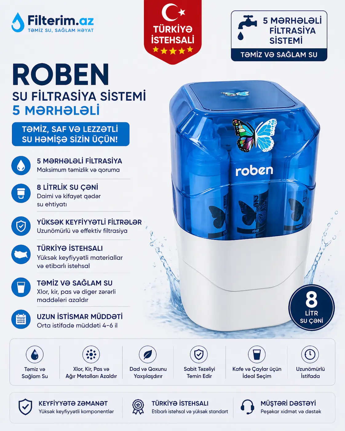 Roben 5 Mərhələli Su Filtri – 8L Çən, Türkiyə İstehsalı, Uzunömürlü Sistem