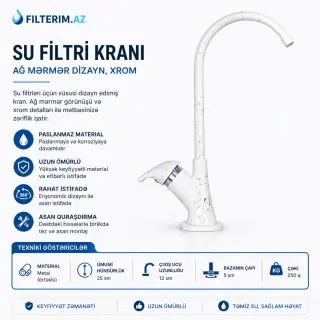 Su filtri kranı – ağ mərmər dizayn, xrom qarışıq filter filtr filtir kran