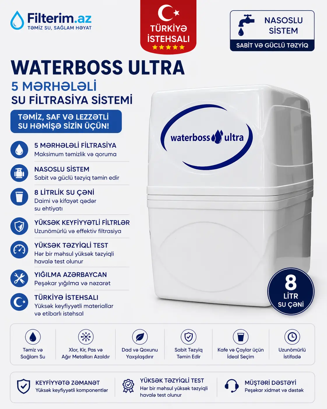Waterboss Ultra 5 mərhələli nasoslu su filtri – 8L daxili çən, Türkiyə istehsalı, yüksək təzyiqli sistem